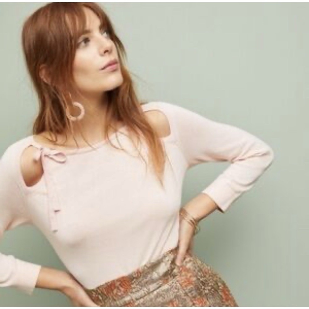 Anthropologie Pullover Sz L Pink Sweater Cold Shoulder Bow Easter‎ Top Blouse